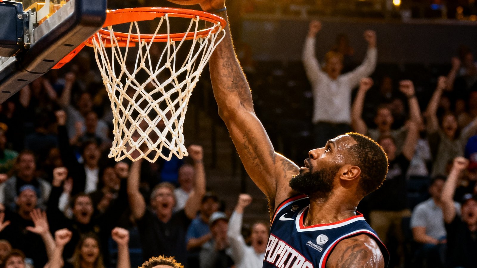 NBA比赛集锦视频缩略图，一名球员在快攻中完成一记势大力沉的单手劈扣，篮筐微微颤动，对面防守球员目瞪口呆，场馆内观众全部起立欢呼